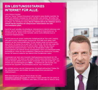 Statement der Telekom: Mit diesem Infobrief auf der Telekom-Webseite hofft das Unternehmen auf das Verständnis der Kunden