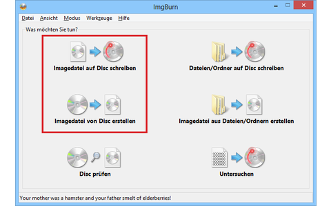 Eine Spezialität von ImgBurn ist das Auslesen und Brennen von Image-Dateien im ISO-Format. Die entsprechen Funktionen finden Sie im Hauptbildschirm des Tools.