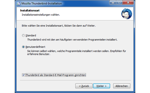 Bei der Installation legen Sie fest, ob Thunderbird als Standard-E-Mail-Client dienen soll