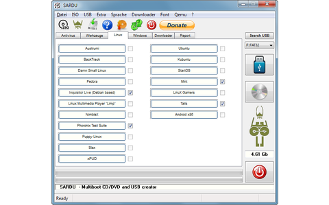 Sardu installiert bis zu 50 Live-Systeme auf einem USB-Stick oder einer DVD. Die Bedienoberfläche von Sardu ist in die Bereiche „Antivirus“, „Werkzeuge“, „Linux“ und „Windows“ unterteilt.