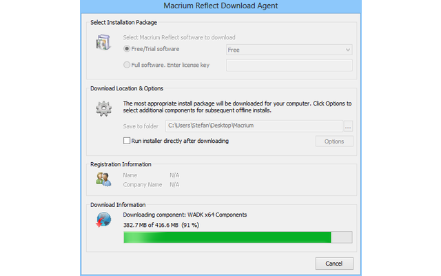 Der Macrium Reflect Download Agent prüft, welches WIndows-Betriebssystem auf Ihrem PC läuft, und lädt anschließend die benötigten Installationsdateien für die 32- oder die 64-Bit-Variante. Nach Abschluss des Downloads startet die Installation.