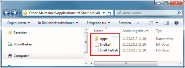 Bootloader kopieren: Die zwei EFI-Dateien und den Ordner benötigen Sie auf dem UEFI-Boot-Stick