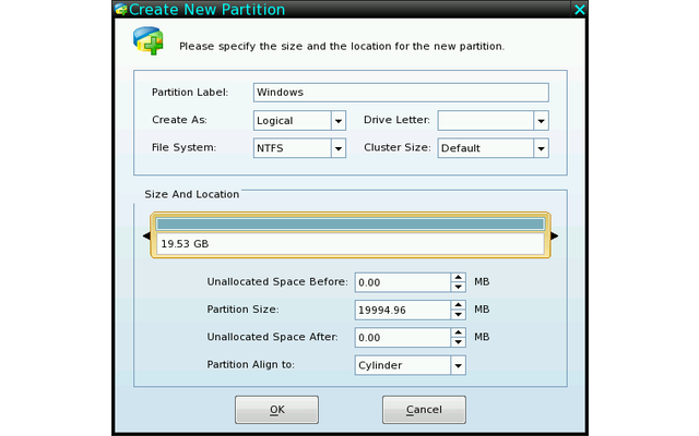 Neue Partitionen sind mit der Partition Wizard Bootable CD schnell angelegt. Hier wird eine primäre Partition mit dem Dateisystem NTFS erstellt, die sich beispielsweise für eine Windows-Installation nutzen lässt.