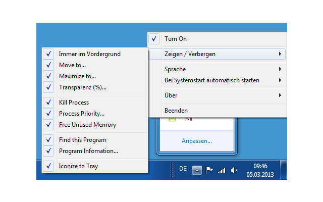 Windows Menu Plus ergänzt das Systemmenü eines Fensters um nützliche Zusatzfunktionen. Zu den üblichen Fensterfunktionen wie „Minimieren“ und „Verschieben“ fügt das Tool bis zu zehn neue Optionen wie „Immer im Vordergrund“, „Transparenz“ oder „Program Inf