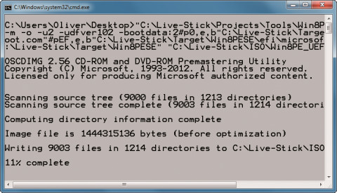 ISO-Image erstellen: Die Batch-Datei „uefi_win8pe.cmd“ macht aus Ihrem Live-Windows ein ISO-Image mit UEFI-Unterstützung und speichert es im Ordner „C:\Live-Stick\ISO“ ab
