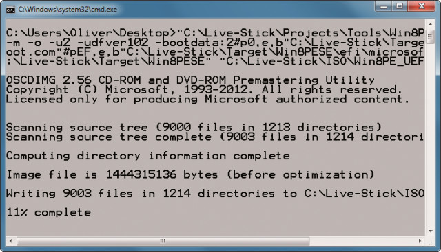 ISO-Image erstellen: Die Batch-Datei „uefi_win8pe.cmd“ macht aus Ihrem Live-Windows ein ISO-Image mit UEFI-Unterstützung und speichert es im Ordner „C:\Live-Stick\ISO“ ab