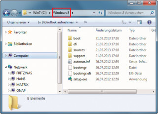 Quellordner für den Live-Stick: Kopieren Sie die Setup-Dateien von Windows 8 auf die Festplatte in den Ordner „Windows 8“