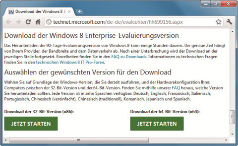 Setup-Dateien besorgen: Wenn Sie keine Version von Windows 8 besitzen, laden Sie von Microsoft die kostenlose Testversion von Windows 8 Enterprise herunter