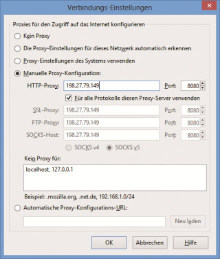 Firefox II: Wählen Sie „Manuelle Proxy-Konfiguration“ und geben Sie dann die IP-Adresse und den Port ein.