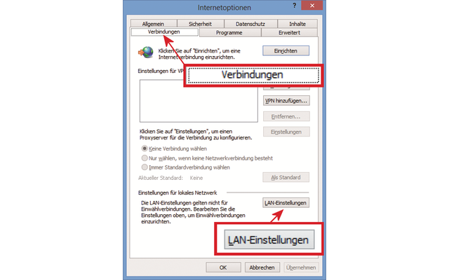 Internet Explorer I: Einen Proxy-Server legen Sie auf der Registerkarte „Verbindungen“ fest.