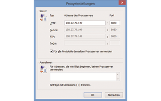 Internet Explorer II: Tragen Sie hier die IP-Adresse und den Port des Proxy-Servers ein.