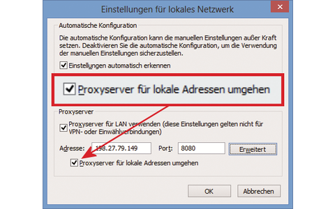 Internet Explorer III: Für Adressen im eigenen Netzwerk ist ein Proxy-Server unnötig, setzen Sie deshalb ein Häkchen bei „Proxyserver für lokale Adressen umgehen“.