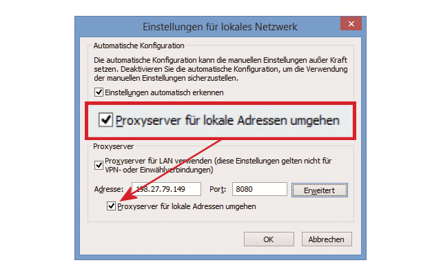 Internet Explorer III: Für Adressen im eigenen Netzwerk ist ein Proxy-Server unnötig, setzen Sie deshalb ein Häkchen bei „Proxyserver für lokale Adressen umgehen“.