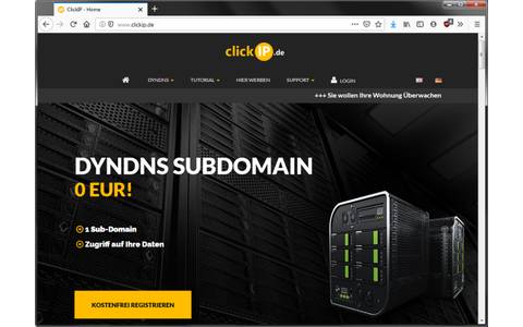 ClickIP ist ein kostenloser, werbefinanzierter DynDNS-Dienst mit Firmensitz in Deutschland. Der Dienst ermöglicht das Anlegen von Subdomains und bietet vorbildliche Tutorials für Fritzbox-Nutzer.