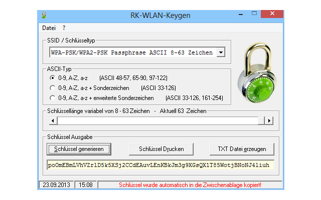 RK-WLAN-Keygen erzeugt sichere WLAN-Schlüssel mit bis zu 64 Buchstaben, Zahlen und Sonderzeichen.