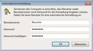 Automatische Anmeldung: Tragen Sie hier den Benutzer „Besucher“ ein, damit der Gäste-PC ohne Passwortabfrage startet