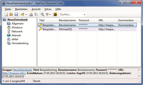 Passwort-Safe: Diese Keepass-Datenbank enthält zwei Einträge mit Zugangsdaten und zugehöriger URL. Links sehen Sie Rubriken der Datenbank, die sich beliebig ändern lassen.