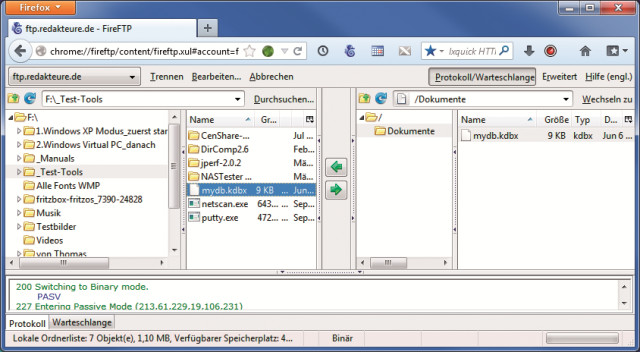 KDBX-Datei auf dem Server: Mit einem FTP-Client wie dem Browser-Add-on Fire FTP übertragen Sie die KDBX-Datei auf den FTP-Server.
