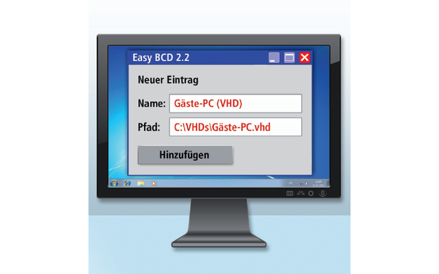 Gäste-PC im Boot-Manager eintragen: Die neue Datei „Gäste-PC.vhd“ tragen Sie anschließend im Windows-Start-Manager ein – unter dem Namen „Gäste-PC (VHD)“.