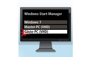 Gäste-PC booten: Sie starten Ihren PC neu und wählen im Windows-Start-Manager den neuen Eintrag „Gäste-PC (VHD)“ aus. Der neue PC bootet.