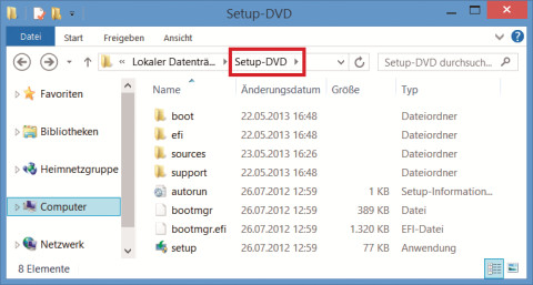Ordner für die Setup-DVD: Extrahieren Sie das ISO-Image von Windows 8 Enterprise auf die Festplatte in den Ordner „Setup-DVD“.