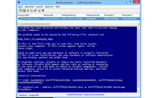 Bluescreen View zeigt die berüchtigten Windows-Bluescreens, die Windows 7 einfach überspringt und bei fatalen Fehlern durch einen Systemneustart ersetzt.