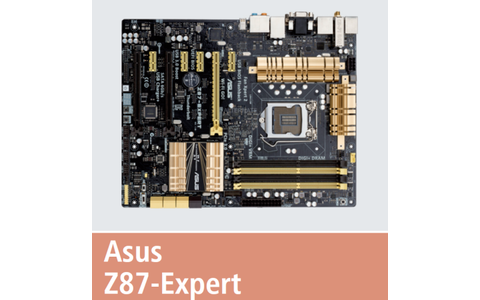 Asus Z87-Expert: 6 SATA-III-Anschlüsse, 8 USB-3.0-Ports (6 onboard, 2 optional), maximal 4 RAM-Module mit insgesamt 32 GByte, Straßenpreis: 200 Euro.