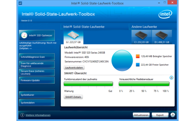 Intel SSD Toolbox bietet einen „Schnelldiag­nose-Scan“ für Ihre SSD und einen „Scan für umfas­sende Diagnose“.