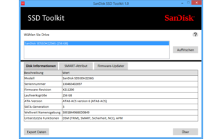Sandisk SSD Toolkit liest die Daten des SMART-Protokolls aus, zeigt allgemeine Laufwerksinfor­mationen zu Ihrem Solid State Drive und aktualisiert die Firmware der SSD.
