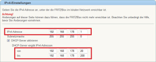 Fritzbox als Hauptrouter: Diese Fritzbox hat die IP-Adresse „192.168.178.1“. An Geräte im Heimnetz verteilt sie IP-Adressen zwischen „192.168.178.20“ und „192.168.178.200“.