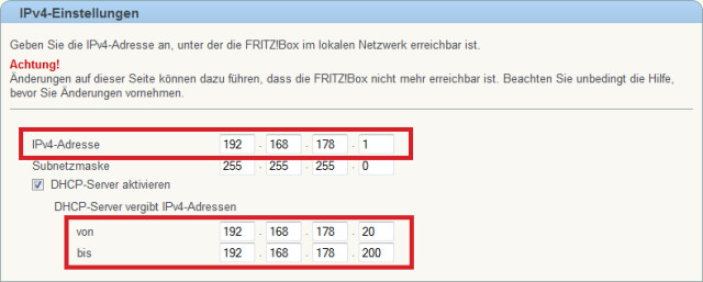 Fritzbox als Hauptrouter: Diese Fritzbox hat die IP-Adresse „192.168.178.1“. An Geräte im Heimnetz verteilt sie IP-Adressen zwischen „192.168.178.20“ und „192.168.178.200“.