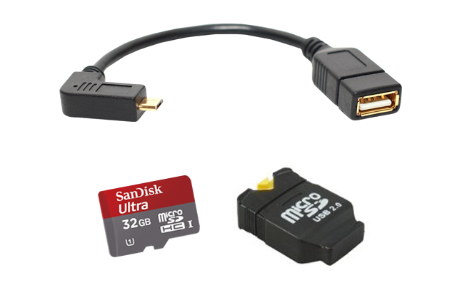 Günstige MicroSDHC-Speicherkarte von SanDisk mit 32 GB, Mini-USB-Card Reader von System-S und abgewinkeltes Micro-USB-Kabel von Bigtec.