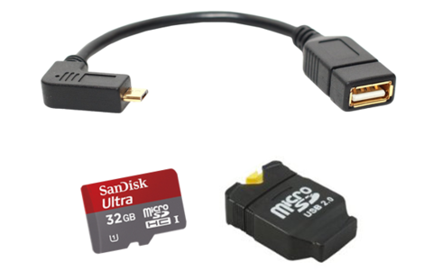 Diese Kombi bringt viel Speicherplatz für die Jackentasche: Günstige MicroSDHC-Speicherkarte von SanDisk mit 32 GByte, Mini-USB-Card Reader von System-S und ein abgewinkeltes OTG-Datenkabel von Bigtec für den MicroUSB-Anschluss.