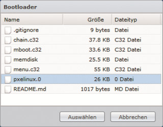 Bootloader auswählen: Wählen Sie hier die Datei „pxelinux.0“ aus. Sie enthält den Bootloader