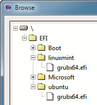 EFI-Partition: Wählen Sie „grubx64.efi“ aus dem Ordner „linuxmint“ oder „ubuntu“, um das System dem UEFI-Boot-Manager hinzuzufügen