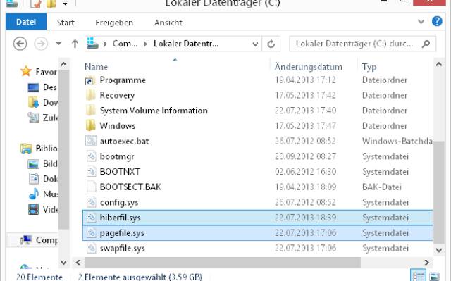 Explorer-Fenster mit den Dateien pagefile.sys und hiberfil.sys