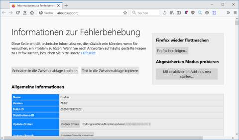 Firefox Hilfe-Infos und Zurücksetzen-Button