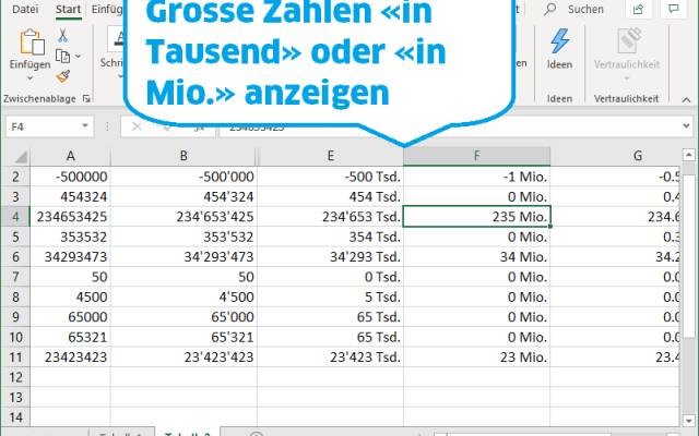 Screenshot Excel mit verschieden formatierten Zahlen
