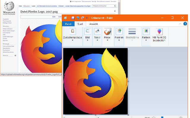 Firefox-Logo aus Wikipedia erhält bei Übernahme in Paint schwarzen Hintergrund