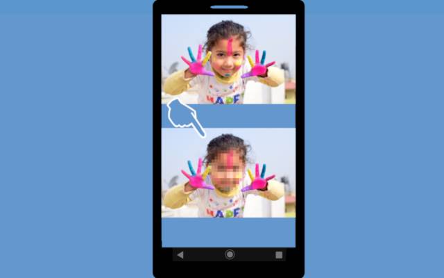 Smartphone mit unverpixeltem und verpixeltem Bild eines Mädchens