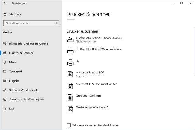 Screenshot Drucker & Scanner Einstellungen