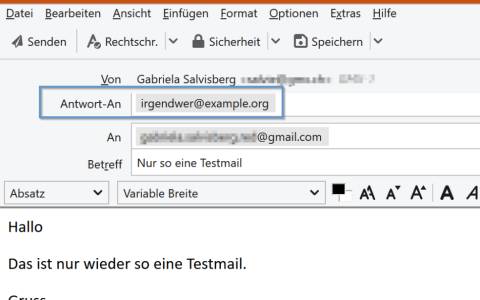 Screenshot Thunderbird mit Beispiel-Antwortadresse