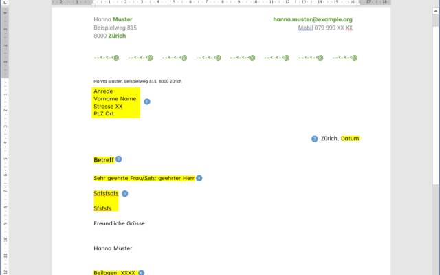 Screenshot Word-Briefentwurf mit markierten Feldern