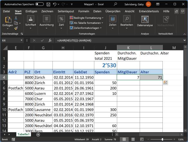 Screenshot Excel mit zwei markierten obersten Zellen