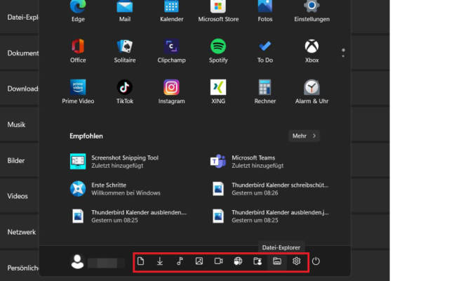 Screenshot Windows 11 Startmenü