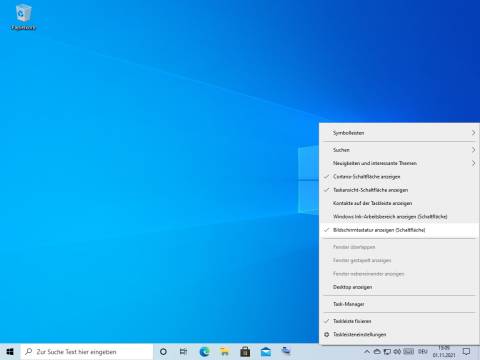 Kontextmenü von Windows 10 zum Einblenden der Bildschirmtastatur