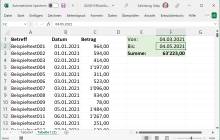 Screenshot Excel mit einer Summe zwischen zwei Kalenderdaten