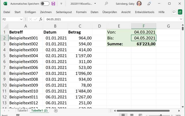 Screenshot Excel mit einer Summe zwischen zwei Kalenderdaten