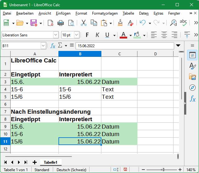 LibreOffice-Interpretation von Datums-Kurzformaten, vor und nach der Einstellungsänderung
