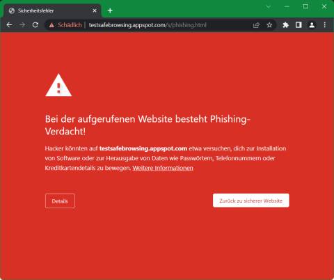Auf rotem Hintergrund warnt Chrome: "Bei der aufgerufenen Webseite besteht Phishing-Verdacht"